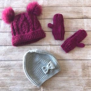 Gray Bow Hat and Double PomPom Hat with Mitten Set Burgundy